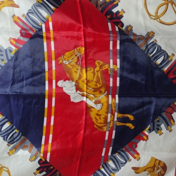 Gucci Vintage Equestrian Silk Scarf – Red, Navy, Gold Horse Rider Print | Luxury - Picture 6 of 8